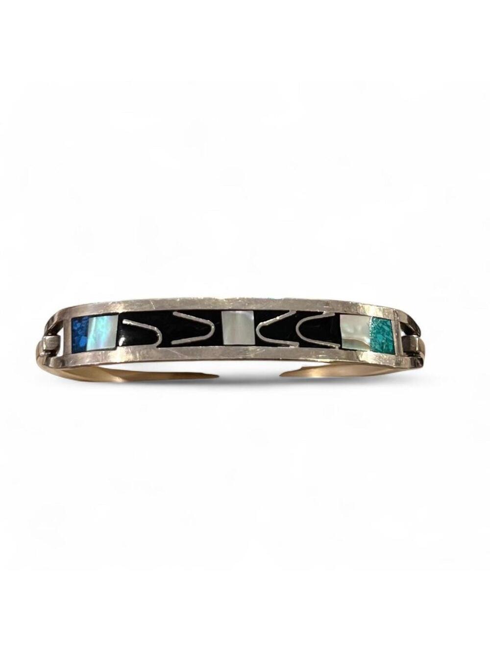 Vintage Southwest Inlay Cuff Bracelet Sterling Silver Turquoise Abalone